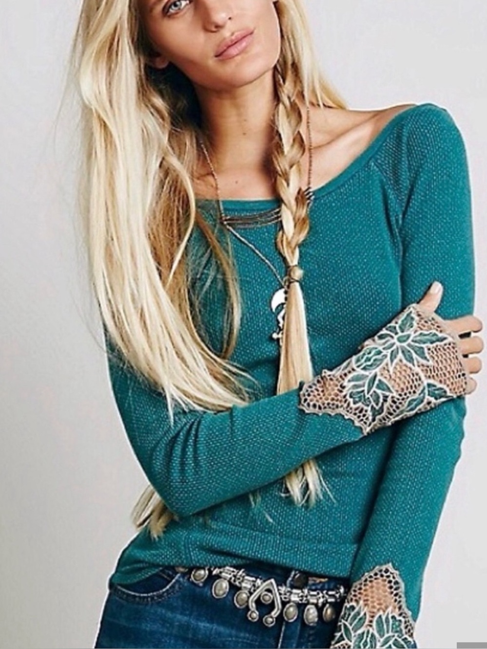 Free People Bali Babe Jade Crochet Thermal Long Sleeve